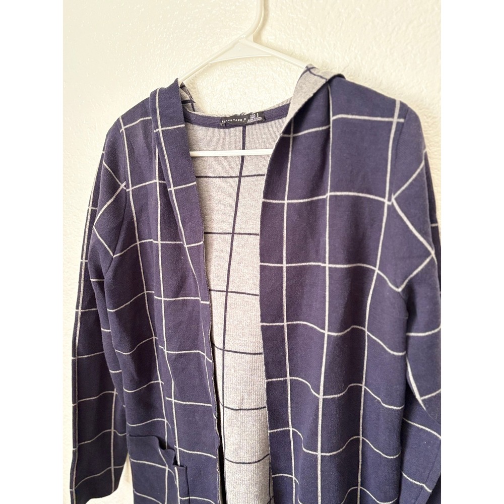 Black Tape Grid Print Open Front Hooded Cardigan‎ Sweater Minimalist Preppy Sz S